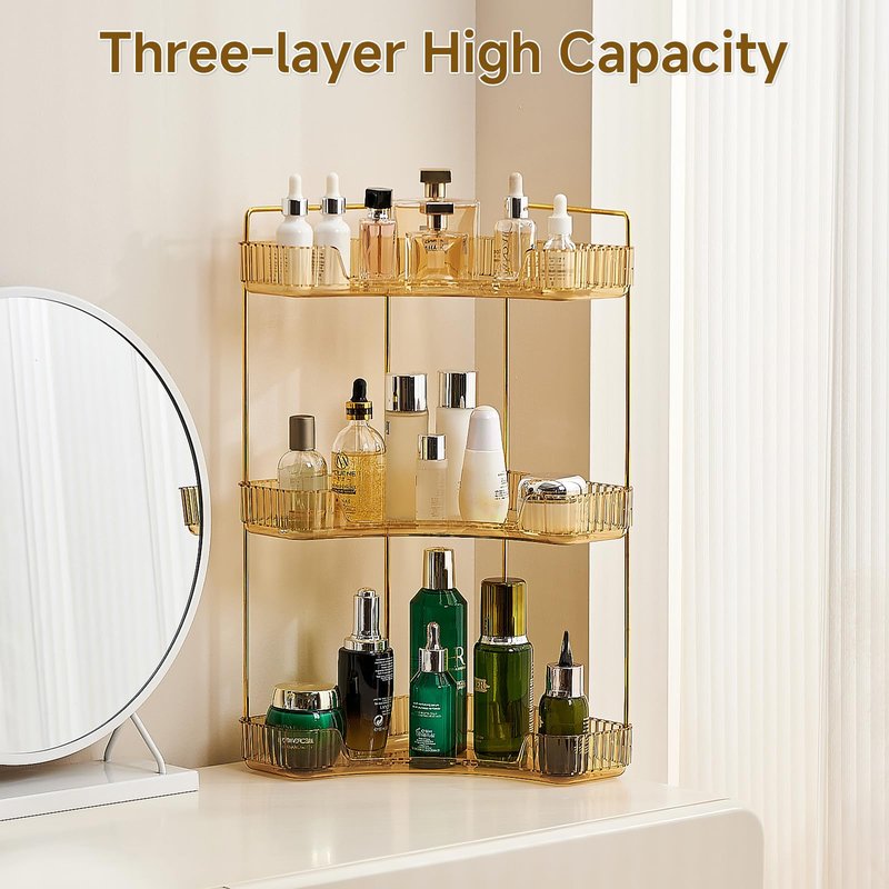 Ceruaxb 3-Tier Corner Bathroom Counter Organizer, Plastic Countertop Makeup Organizer, Large Capacity Vanity Bathroom Perfume Shelf Rack for Kitchen Office Desktop (Amber)