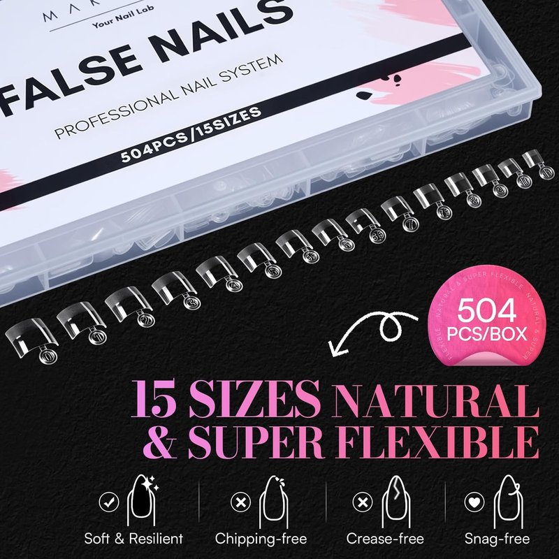 Makartt Short Square Nail Tips: 504 PCS Half Cover Pre-shaped Acrylic Nail Tips, Half Matte, 15 Sizes, False Nails - Easy-to-go Nail Extensions Manicure Supplies Salon DIY at Home