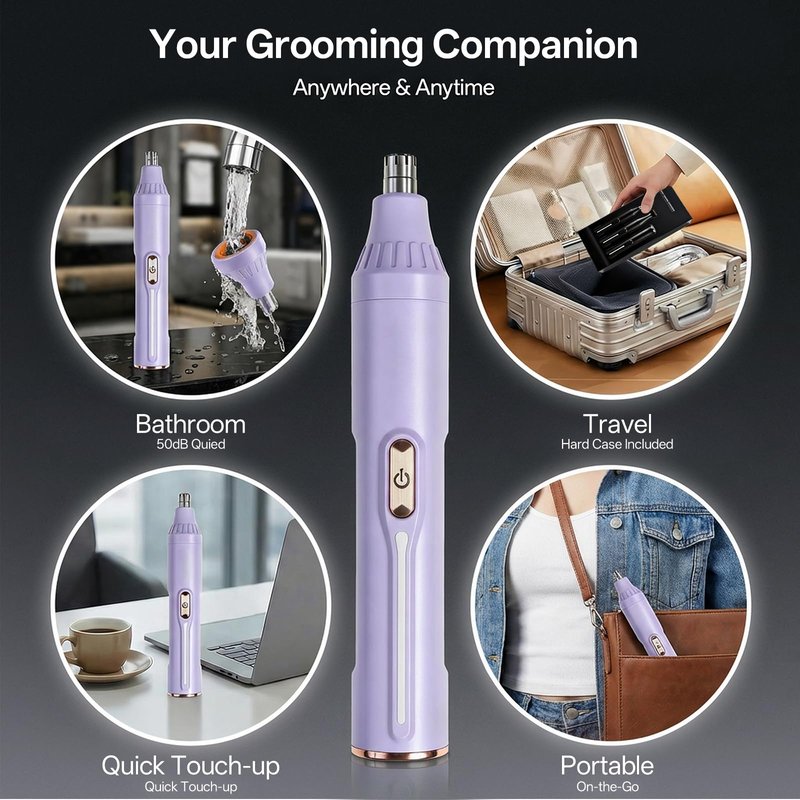 Rechargeable Nose Hair Trimmer - 4-in-1 Ear Eyebrow Beard Grooming Kit for Men & Women, Waterproof Quiet Motor, Fast Charging | 11000 RPM | Portable Travel Size Nose Trimmer Beard Trimmer (Purple)