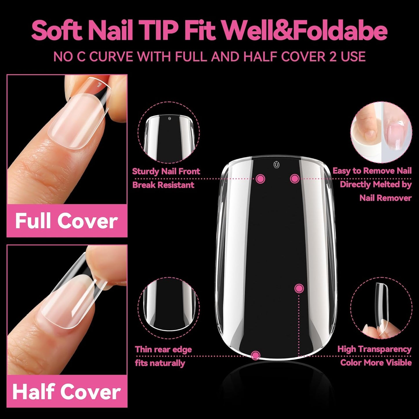 UNA GELLA Short Square Nail Tips - 216pcs Full Cover Clear Press-On Nails | 12 Sizes for DIY Nail Art