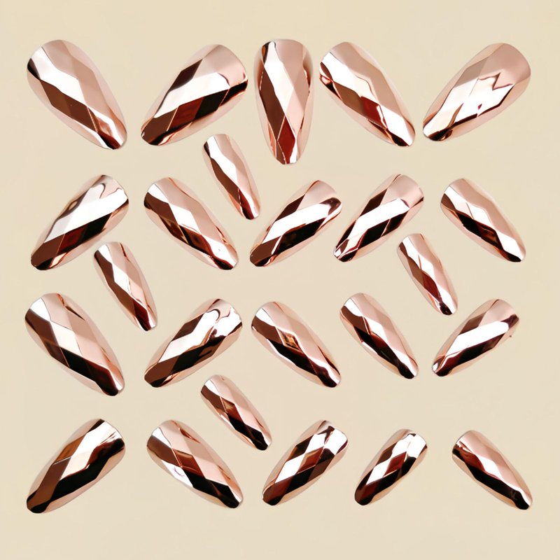 RUOKEXIN Almond Press on Nails Medium Length Fake Nails Rose Gold Chrome False Nails with 3D Rhombus Designs Full Cover Nail Press ons Sparkly Artificial Nails for Women 24Pcs
