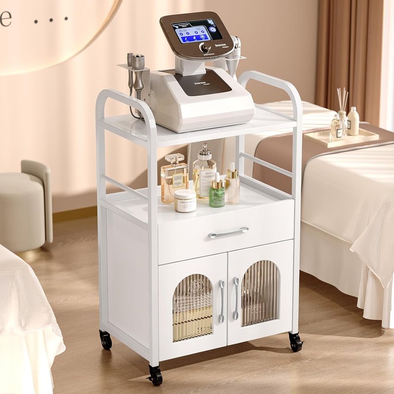 OmySalon Salon Trolley Cart - Esthetician Mobile Storage Station with Drawer & Tray | White