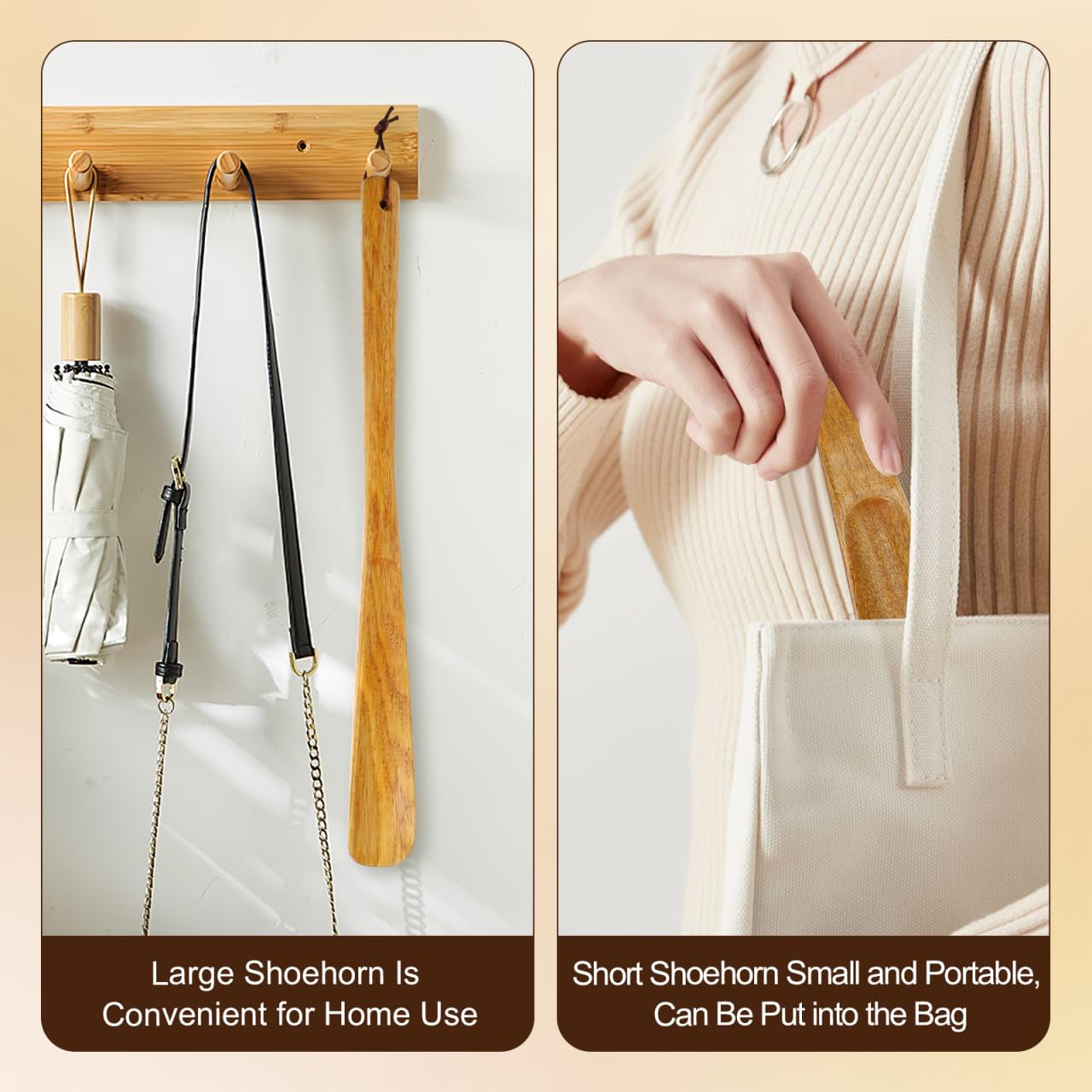 GLEAVI 2 Pack Wood Shoe Horn Set, Long Handle Boot Helper for Seniors, Portable Travel Shoe Spoon, Solid Wooden Lifter with Hanging Loop (15.7" & 6.3")