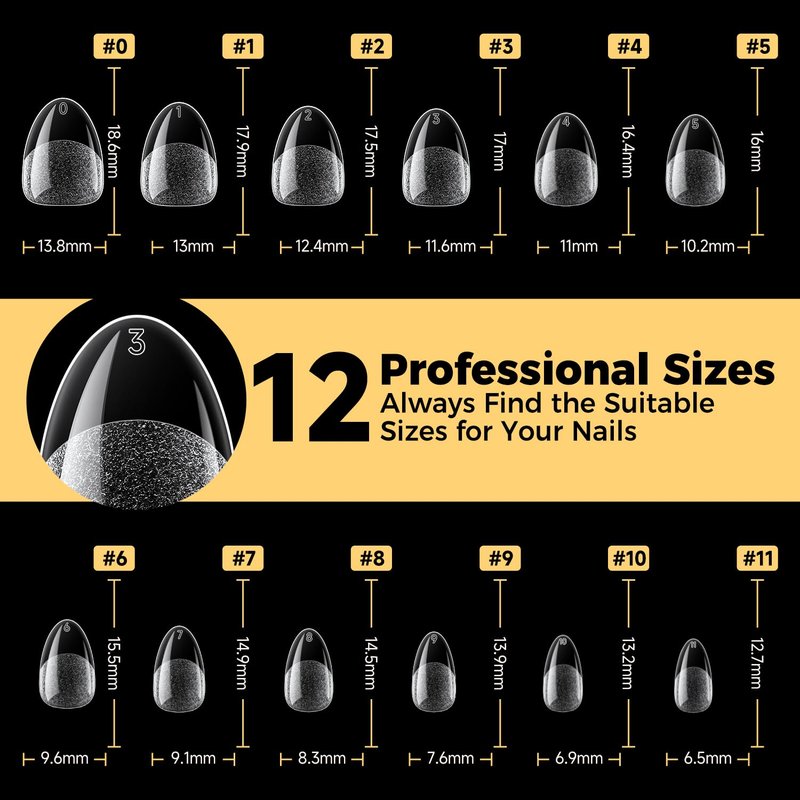 Extra Short Almond Gel Nail Tips - 216 Pcs Full Cover Press-On Nails | Half Matte Clear for DIY Salon at Home, 12 Sizes