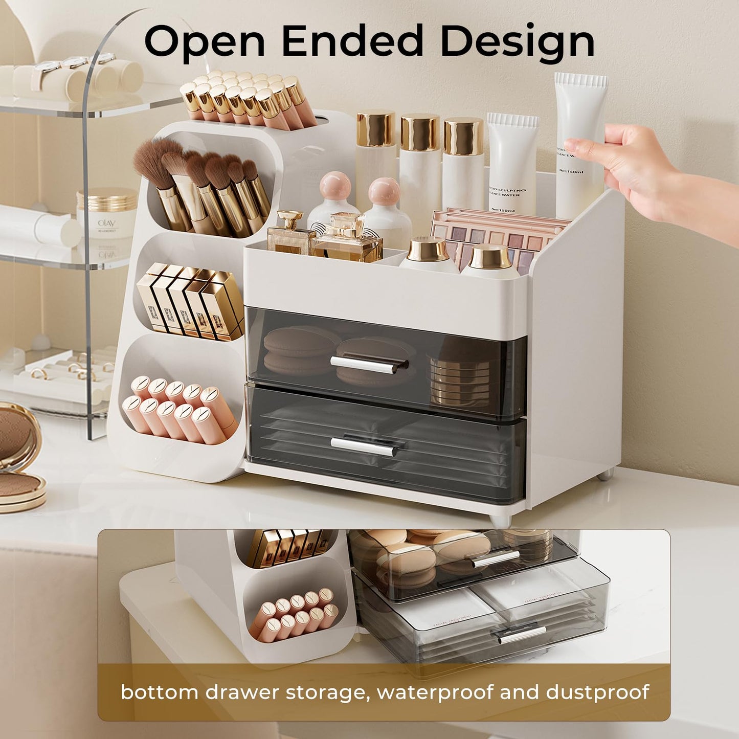 UFORU Makeup Organizer for Vanity with Brush Holder, Large Capacity Bathroom Countertop Skincare Organizer with 2 Drawers, Cosmetic Display Case for Perfumes, Eyeshadow Palettes, Nail Polishes