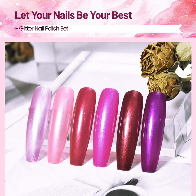 OpenLive 10ml 6 Colors Red Glitter Nail Polish Set Glitter Rose Red Pink Deep Purple Series Nail Polish Gifts for Women