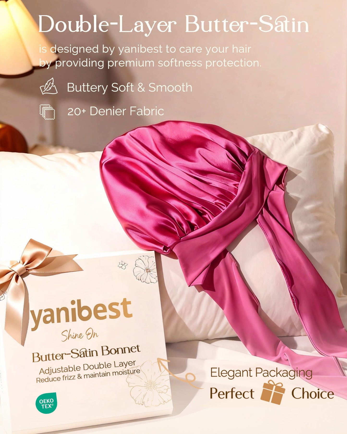 YANIBEST Adjustable Satin Bonnet for Sleeping Women Double Layer Hair Wrap Reduce Friction Prevent Frizz Natural Curly Hair, Hot Pink