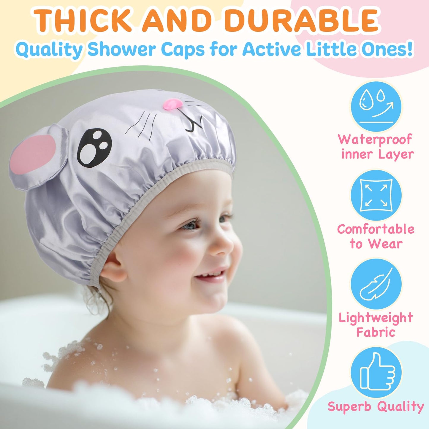 kilofly 3pc Fun Cute Animal Shower Caps for Kids Reusable Waterproof Bath Hat Set