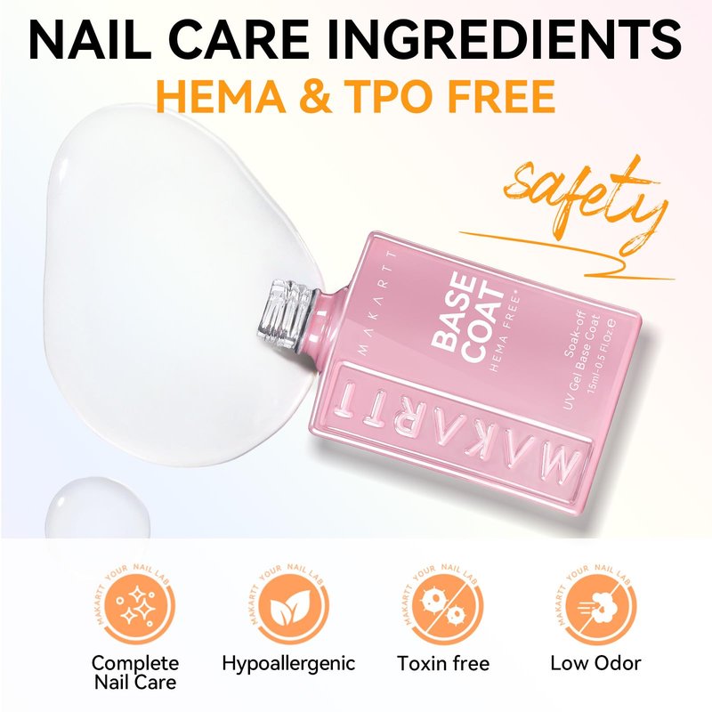 Makartt Hema-Free Gel Top and Base Coat Set: 2 PCS 15ml No Wipe Upgraded Mild Formula Diamond-Shine Long-Lasting Base and Top Coat Gel Nail Polish Soak Off UV LED Lamp Needed Home DIY Gift Women