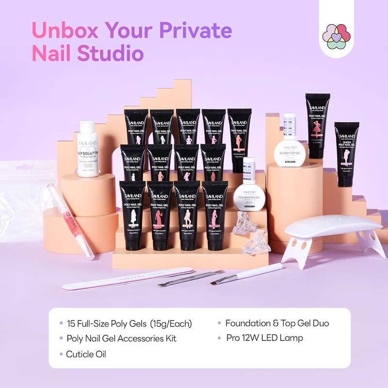 SAVILAND Poly Extension Gel Nail Kit - 15 Hema-Free Colors | Long-Lasting UV Light & Slip Solution for DIY Nail Art