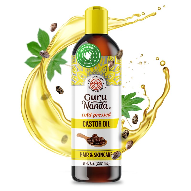 GuruNanda Castor Oil (8 Fl oz) - 100% Pure, Cold Pressed & Hexane-Free Oil - Natural Carrier Oil to Support Growth for Nails, Hair, Eyebrows & Eyelashes - Promotes Skin Hydration & Moisturization