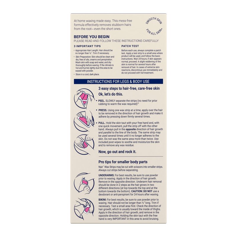 Nair Hair Remover Wax Ready Strips, Legs and Body Hair Removal Wax Strips, 40 Count, 3 Pack