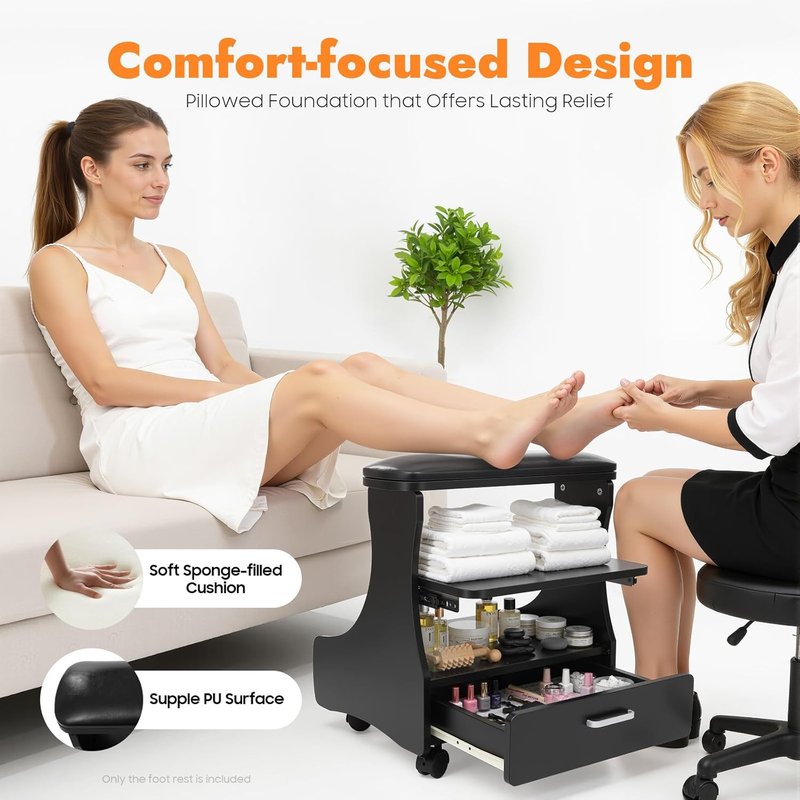 Pedicure Foot Rest - Lockable Wheels, Removable Shelf & Drawer | PU Cushion Beauty Stool for Home Salon