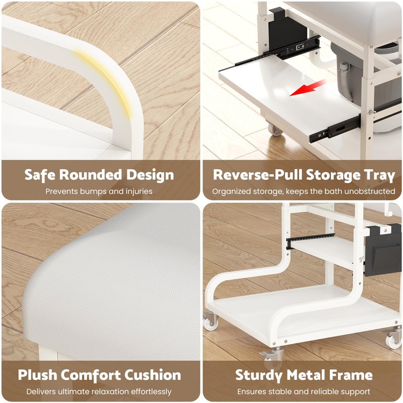Adjustable Pedicure Foot Rest with 3-Level Height, PU Cushion, Storage & Locking Wheels, Mobile Pedicure Cart Foot Bath Trolley for Foot Bath, Salon & Spa (White)