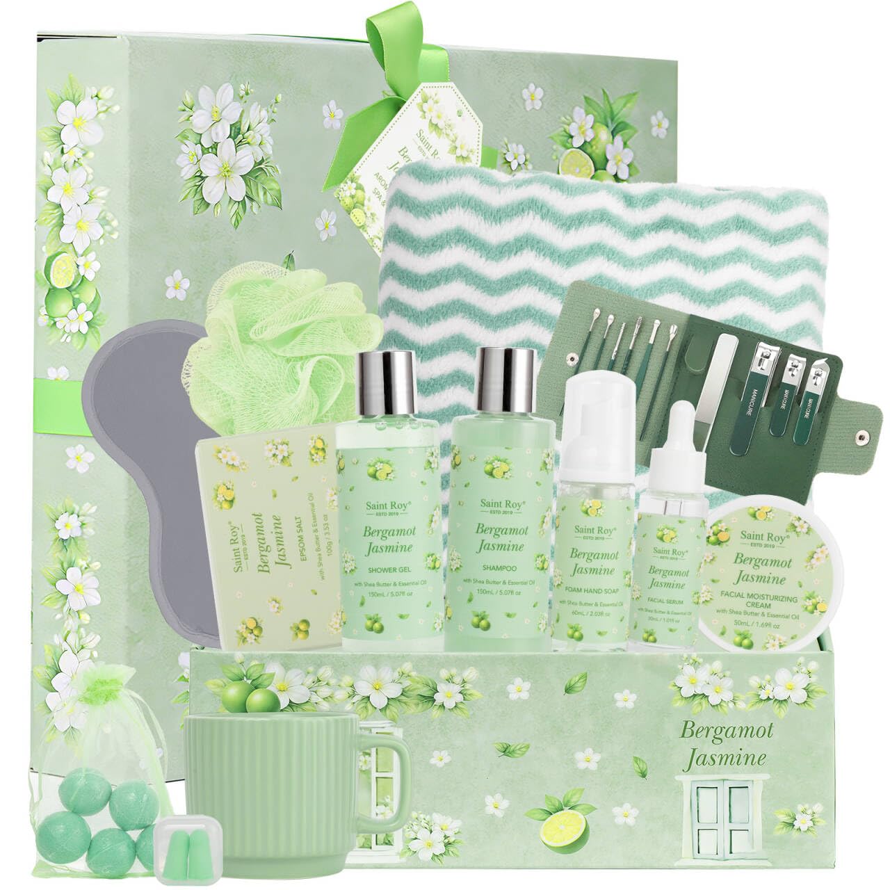 30 Pcs Spa Gifts for Women & Men, Bergamot Jasmine Bath & Body Gift Basket, Self-Care Relaxation Set, Face Skin Care Kit, Home Spa Gift, Birthday, Christmas, Mother's Day, Anniversary, Cup spa kit