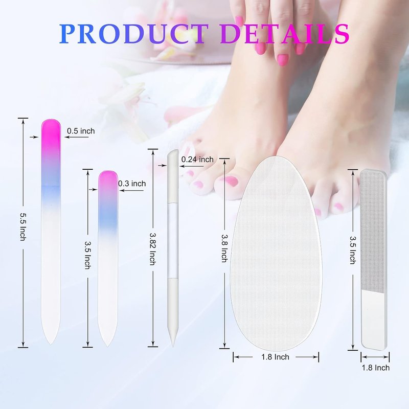 6 Pcs Glass Nail File Set - Manicure & Pedicure Tools for Smooth Nails | Blue & Purple