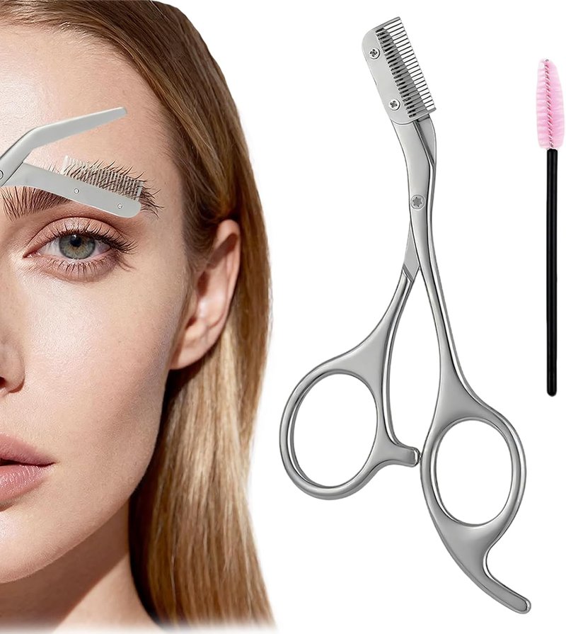 Skiennix Eyebrow Trimming Scissors Set - Includes Comb & Spiral Brush, Perfect Gift for All (Gray)