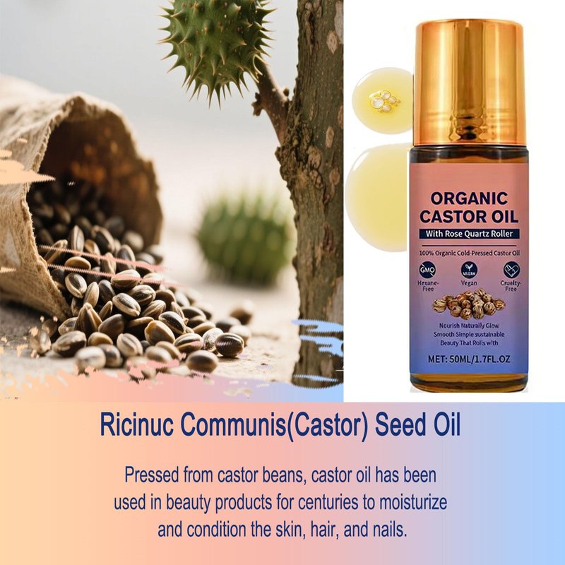 Organic Castor Oil Roll On with Rose Quartz Roller, 100% Castor Oil Organic Cold Pressed, Hexane-Free, for Face and Body, Hair, Eyebrows, Moisturize Skin -1pcs