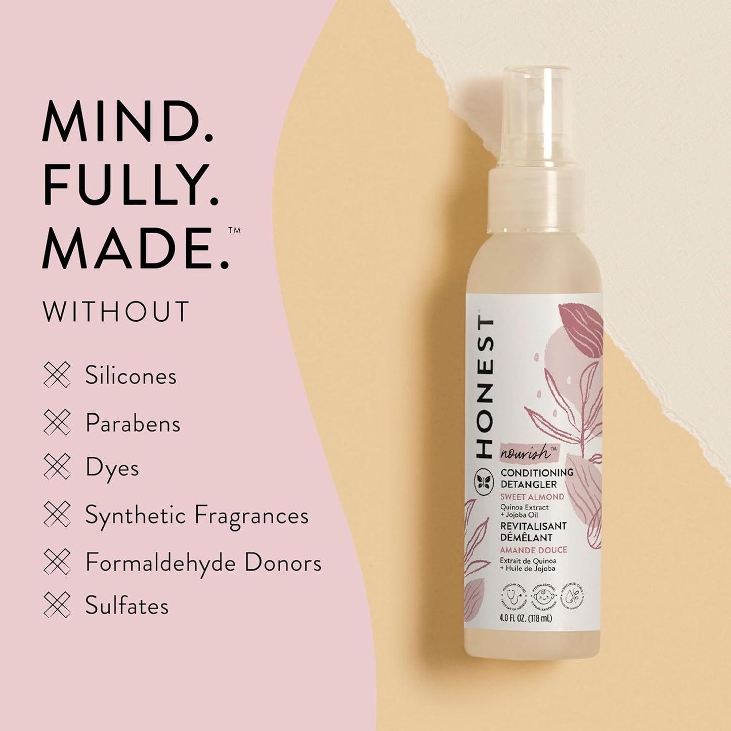 The Honest Company Conditioning Hair Detangler Leave-in Conditioner and Fortifying Spray, Tear Free, Cruelty-Free, Hypoallergenic, Almond Nourishing, 4 fl oz