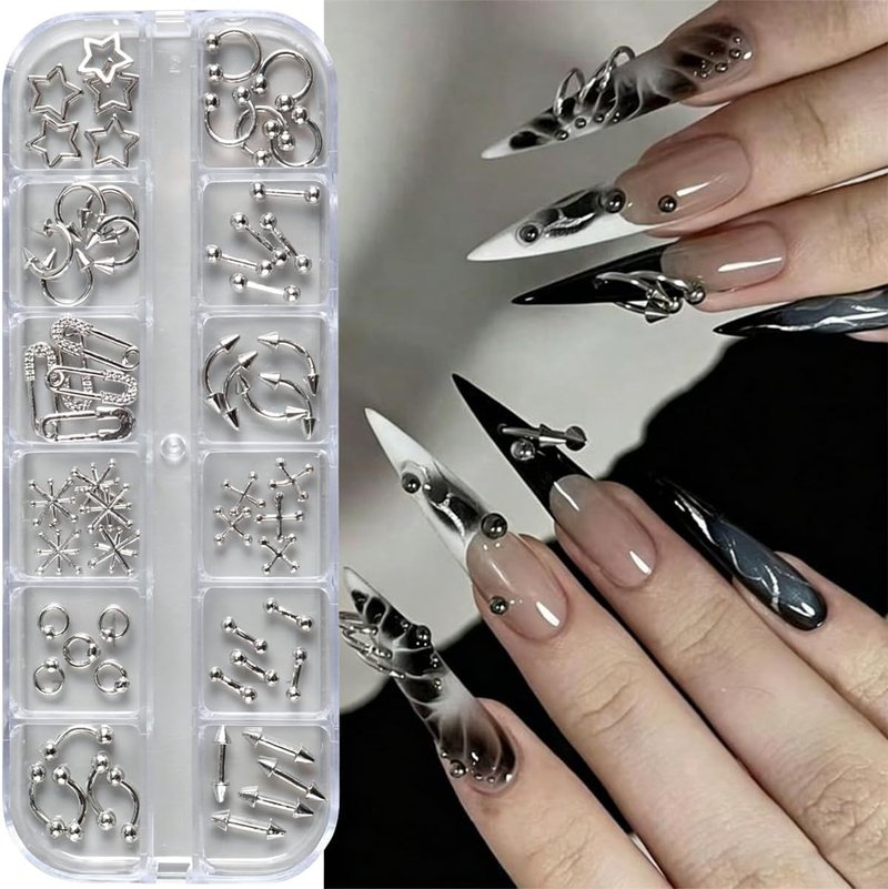 Skiennix 3D Punk Nail Art Charms - 12 Grids of Silver Alloy Rivets & Rhinestones for DIY Acrylic Nails