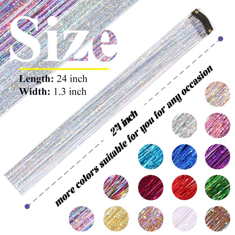 Hair Tinsel Clip in Silver Fairy Hair Tinsel Kit, 12 Pcs 24 Inch Glitter Clip in Hair Extensions for Girls Women Kids Christmas New Year Festival Party (Silver)