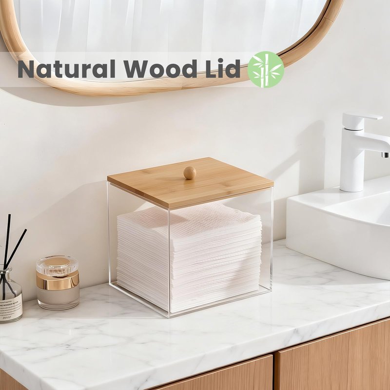 Puricon Acrylic Disposable Facial Towels Holder, Clear Storage Bin with Wood Lid Compatible with Clean Skin Club Towel (NOT Included), Face Towelettes Container for Bathroom Counter -Original