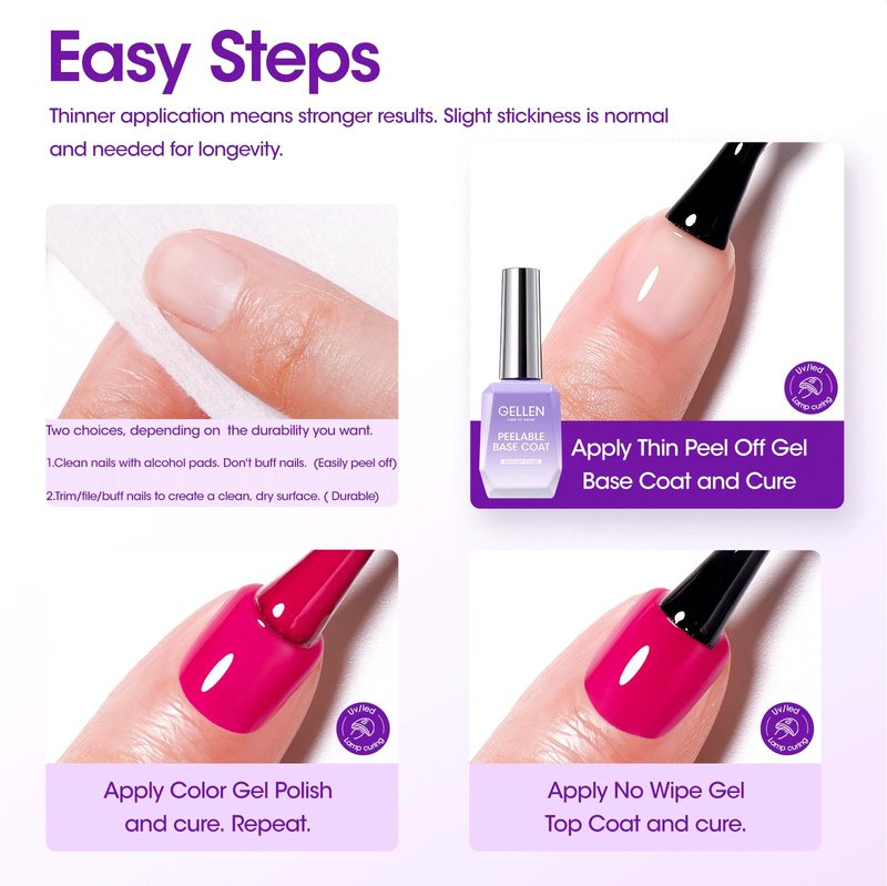 GELLEN Peel Off Base Coat, 18ml Peelable Gel Base Coat for Gel Nail Polish, UV LED Lamp Needed Clear Nail Polish without Soaking for Take off Nail Practice Beginners