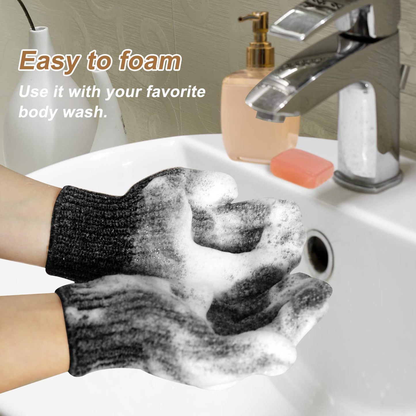 MIG4U Shower Scrub Gloves Exfoliating for Women and Men Medium to Heavy Bathing Remove Dead Skin Body Beauty Sponge Loofah Deep Cleansing (1 Pair, Black-Nylon)