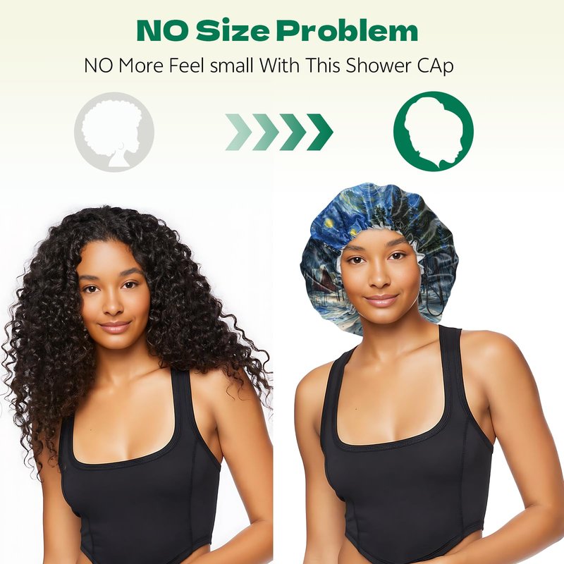 BHAHB 2 PCS Shower Cap Waterproof Double Layer Elastic Adjustable Reusable Hair Bath Caps for Girls Women Cute Aesthetic-Blue White