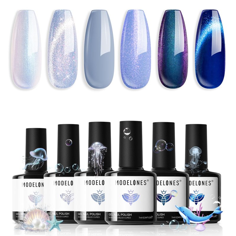 modelones Gel Nail Polish Set, 6 Colors Summer Icy Blue Collection Glitter Gel Polish Galaxy White Dark Blue 9D Cat Eye Nail Polish with Magnet Soak Off Led Nail Art Kit Salon DIY Gift