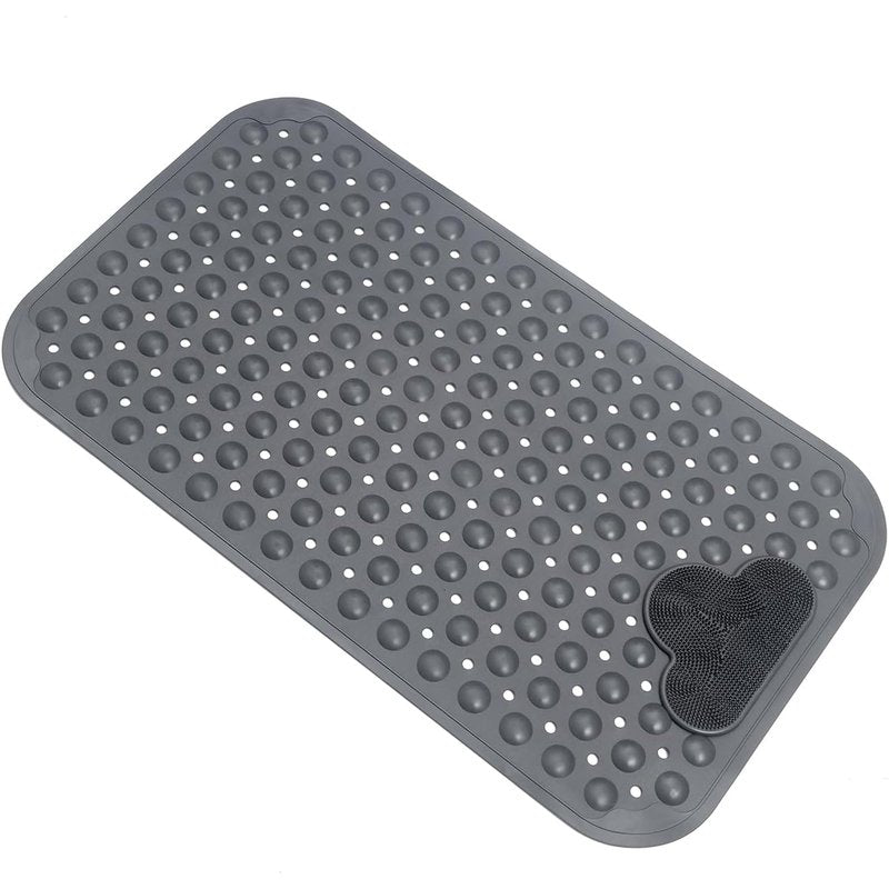 Bathtub Anti-Slip Mat Shower Mat with Suction Cups Drain Hole Foot Massage Bathroom Floor Mat 28x16 Inch (Grey)