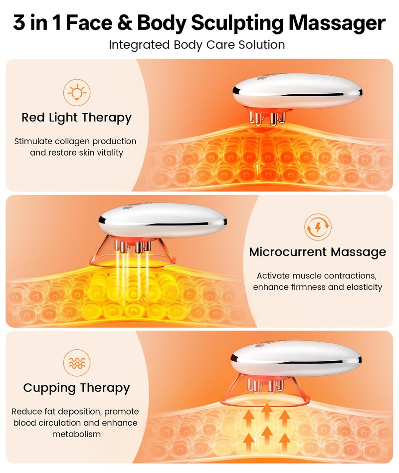 Dopsikn Body Sculpting Machine with Red Light Therapy for Face & Body, Cupping Therapy, Electric Cellulite Massage Tool with 2 Cups, Gift for Women, White