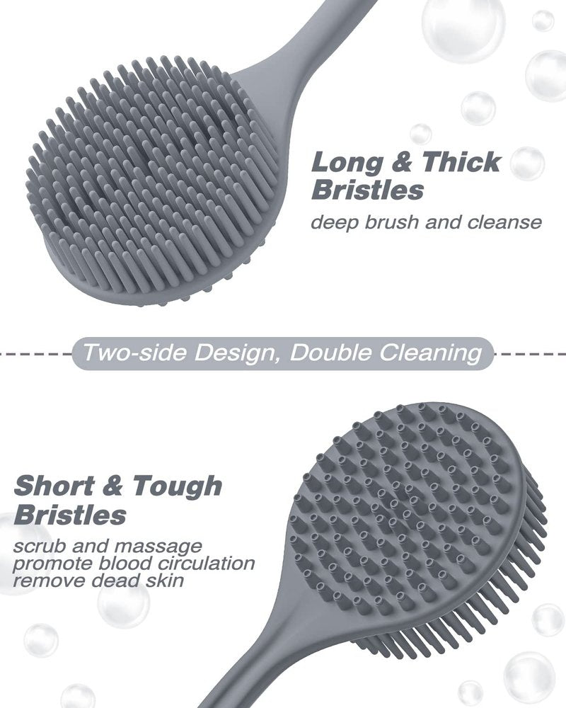 Manmihealth Extra-Large Shower Foot Scrubber Mat with Non-Slip Suction Cups, Silicone Body Scrubber with Long-Handle, Shower Bath Glove, Bath Sponge Net Combation (Gray)