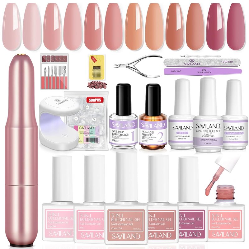 SAVILAND Builder Nail Gel Kit - 6 Colors 10ml Hard Gel with Nail Drill & Mini UV Lamp for Home Salon