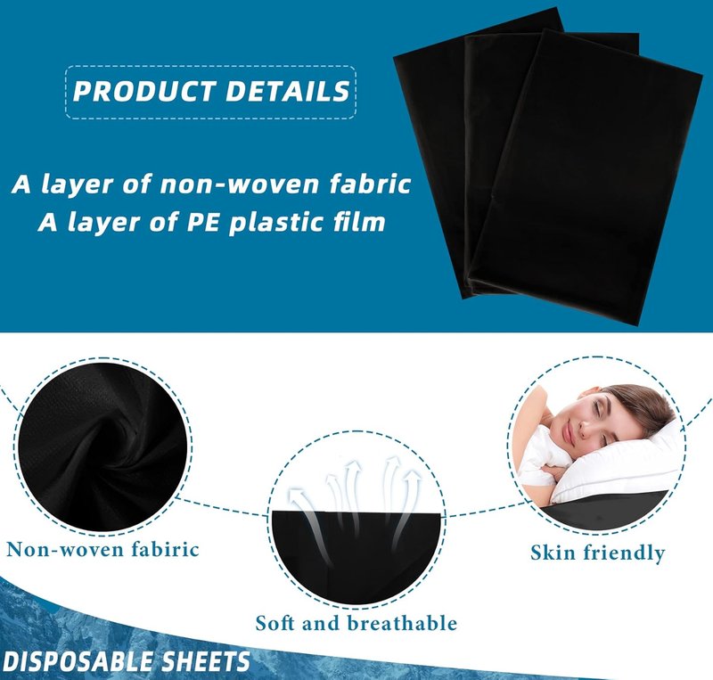 Disposable Bed Sheets - 50 Pack Waterproof Non-Woven Fabric for Spa, Massage, Beauty Salons | 31 x 70 Inches - Black