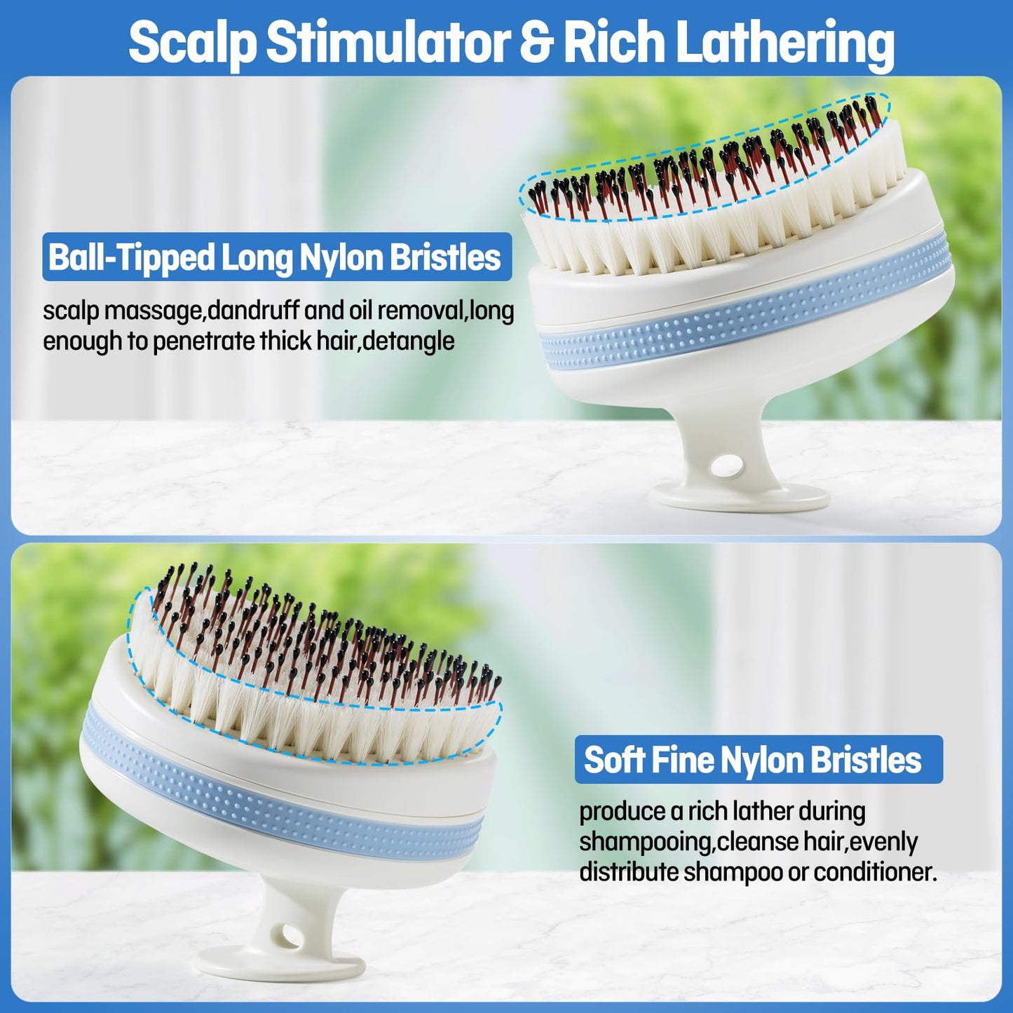 Wonsagain Scalp Massager with Double-Layer Bristles,Anti-Slip Rich-Lathering Hair Washing Shampoo Brush,Curved Scalp Scrubber with Better Head Fit for Dandruff Removal,Wet&Dry Use Scalp Stimulator.