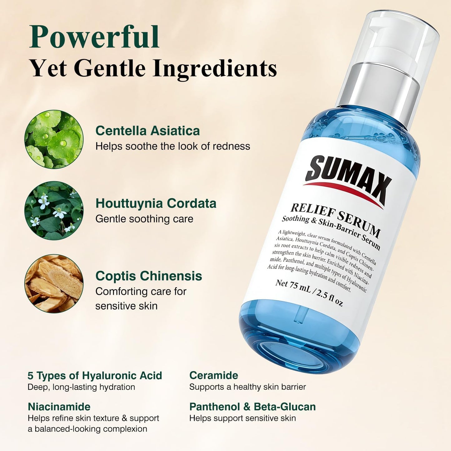 SUMAX Relief Serum - Face Serum with Centella + Hyaluronic Acid, for Sensitive & Blemish-Prone Skin, Soothes the Look of Redness, Supports Skin Barrier, Lightweight Non-Sticky, 2.5 fl oz (75 mL)