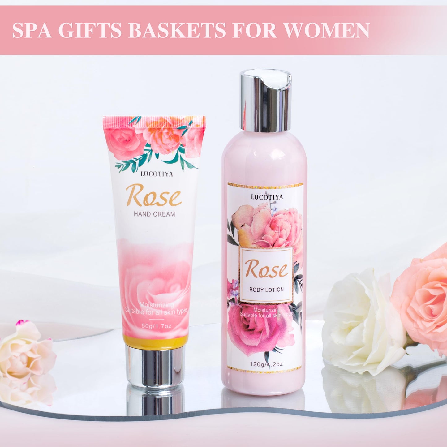 Gifts for Women, Happy Birthday Gifts for Women, Mothers Bath and Body Gift for Woman with Unique Rose Self Care Gift, Home Spa Gift Basket for Mom, Girlfriend, Sister, Female Friends, Coworker