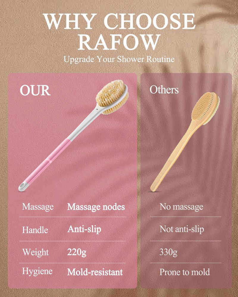 Shower Brush for Massage Dry Brushing: Back Scrubber for Shower with 18.1 in Anti Slip Long Handle - Bath Body Brush for Lymphatic Drainage, Exfoliator Improving Skin Health for Women Men Elderly Pink