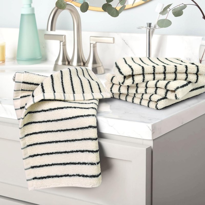 Jacquotha Striped Cotton Washcloths 12 Pack, 13” x 13” - Soft Wash Cloths for Bathroom, Kitchen, Gym, Face, Black and Cream