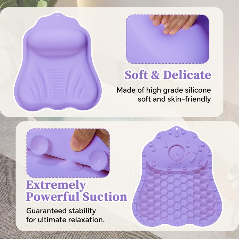 Luxury Silicone Bath Pillow for Tub, New Cloud-Soft 4D Air-Cushion Bathtub Pillow for Head and Neck & Back Support, Strong Suction Cups, Waterproof Quick-Dry Bathtub Headrest (Purple)