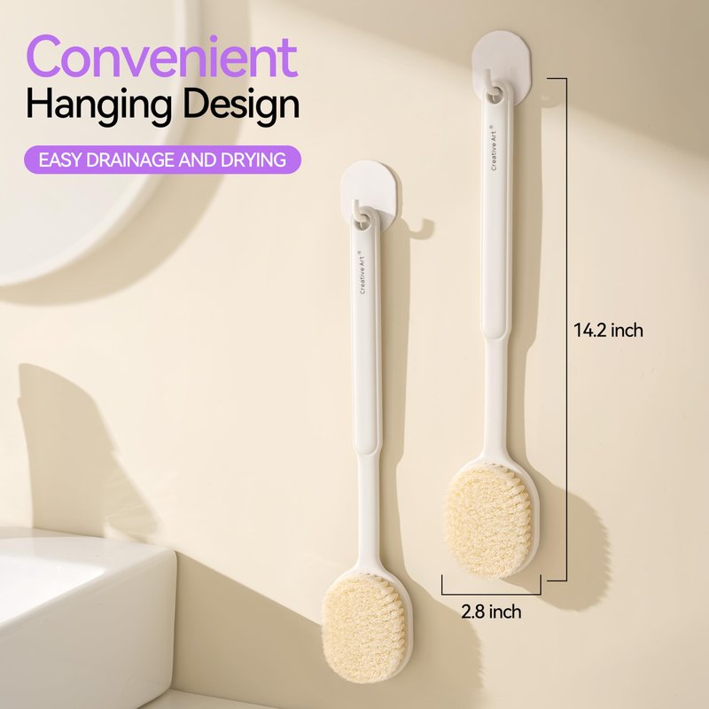 Back Scrubber for Shower for Women Men, Body Brush with Long Handle, Exfoliating Bath Washer with Soft Bristles, Body Exfoliator for Wet or Dry Brushing, Back Scrub Deep Cleaning, White