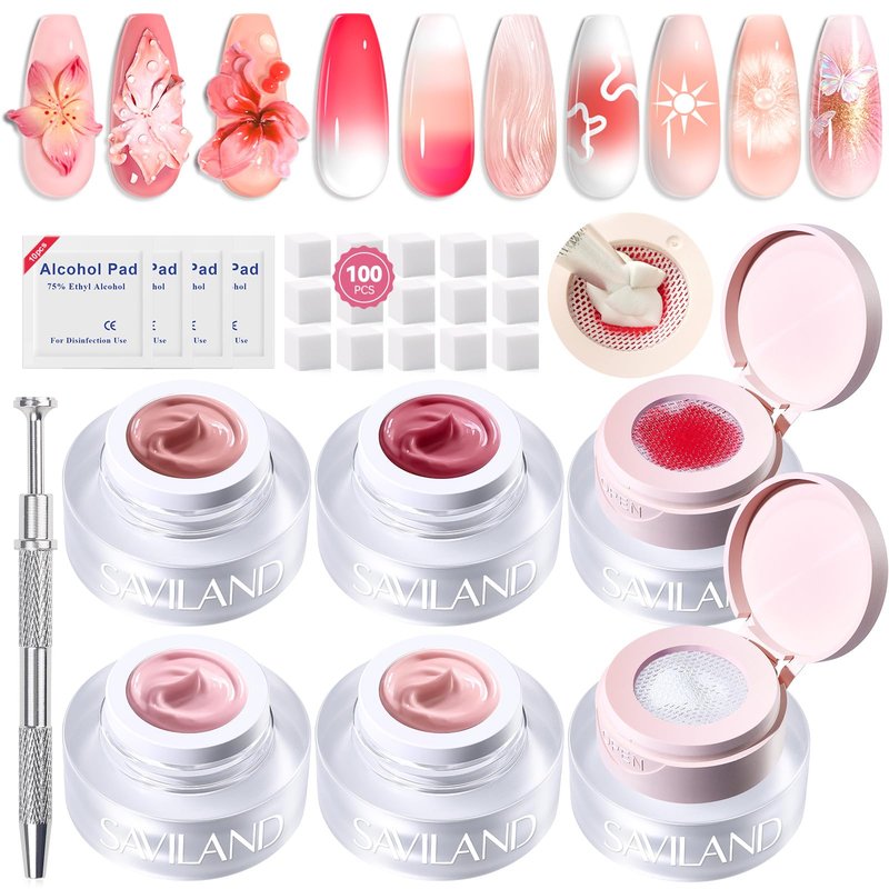 SAVILAND Cushion Patting Gel Polish Kit: 6 Colors Pat Gel UV LED Painting Gels with 100PCS Sponges for Nail Art Pigmented No Wipe Ombre Gels Polish Blooming Blush Aura Nails for DIY Home Salon
