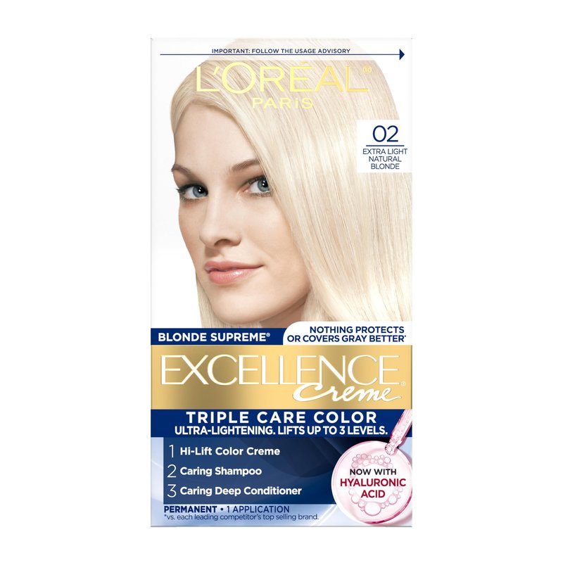 L'Oreal Paris Excellence Crème Permanent Hair Dye, Triple Care Hair Color with Hyaluronic Acid for 100% Gray Coverage, 02 Extra Light Natural Blonde, 1 Kit (Packaging May Vary)
