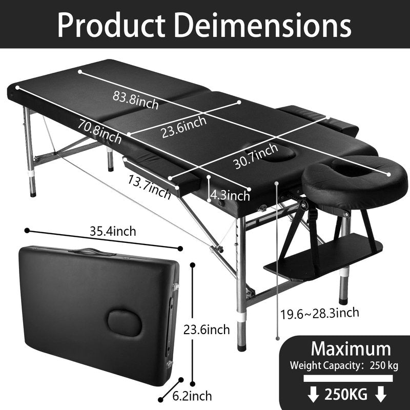 Lovswan Portable Massage Table, Foldable Height Adjustable Lash Bed for Salon and Spa, PU Leather Facial Tattoo Bed, Lightweight and Stable Esthetician Table (Black)
