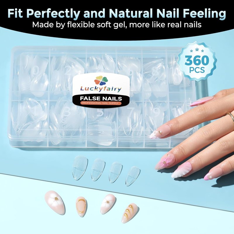 Almond Nail Tips - 360pcs Soft Gel Pre-Shaped Acrylic Nails | Half Matte Full Cover DIY Manicure, 12 Sizes