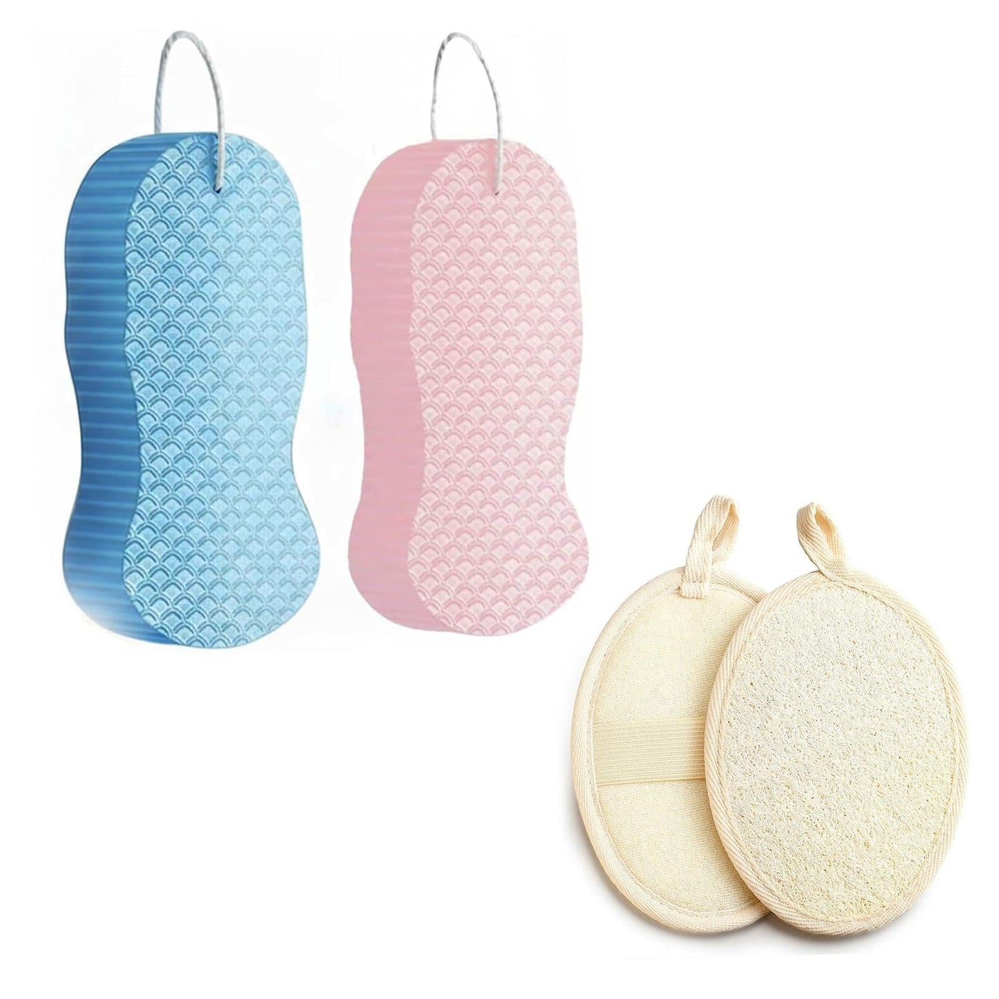 4Pcs Magic Exfoliating Bath Sponge Set, Exfoliating Sponge, Bath Sponges, Includes 2 Exfoliating Sponge and 2 Loofah Scrubbers, Dead Skin Remover for Body, Super Soft Exfoliate Body Scrubber
