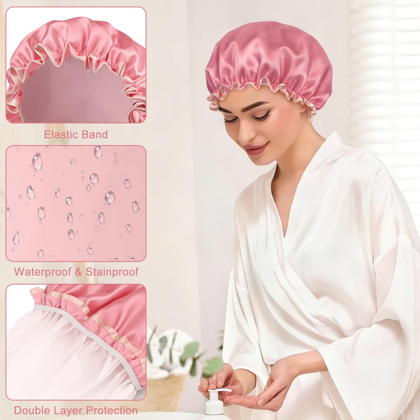Waterproof Shower Caps for Women, Solid Color Dual-Layer Elastic Band Design Bath Hair Hat, Protects Hair In Shower, Spa, Cooking, Clean & Travel (Deep Pink)