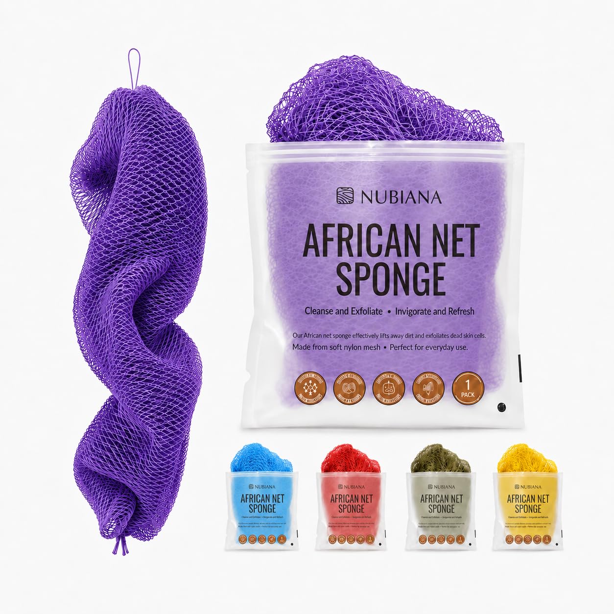 Nubiana African Net Sponge Authentic with Knots, 45 Inch Handwoven Nigerian Exfoliating Body Sponge with Handles, Quick-Drying Nylon Mesh Body Scrubber, Reusable Bath Sponge (Purple)