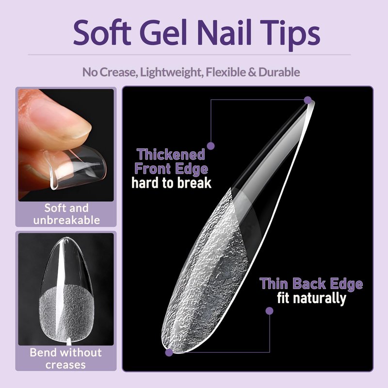 AddFavor Medium Almond Nail Tips, 480pcs Soft Gel Nail Tips Almond Shape Clear Fake Nails Full Cover Acrylic Nails Tips for Extensions Manicure Home DIY 15 Sizes